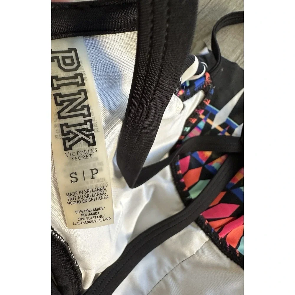 PINK Victoria's Secret Bikini Top Small Black Multicolor Flounce Ruffle Swim Top
